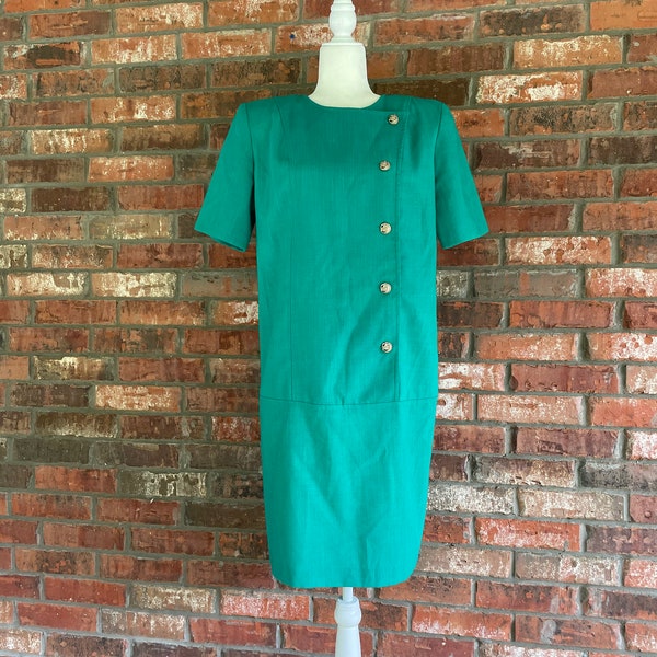 vintage 80s green shift dress size 10 Large L bright kelly green knit woven canvas short sleeve knee length midi mini dress business bold