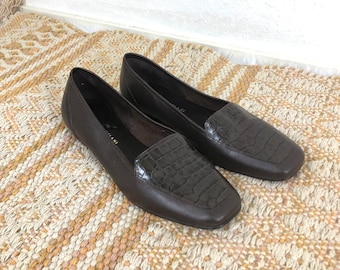 Antonio Melani brown croc embossed leather slip on loafers flats shoes size 8 supple soft espresso leather business casual fall fashion