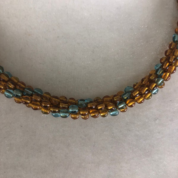 1960s vintage twisted glass seed bead necklace OS boho mod choker classy simple amber blue stripe unique beach boho accessories women