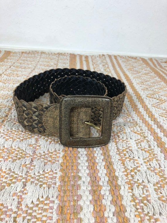 wide bronze shimmer woven leather belt OS S M L C… - image 1