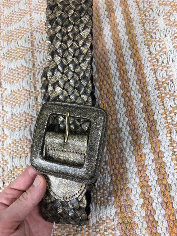 wide bronze shimmer woven leather belt OS S M L C… - image 3