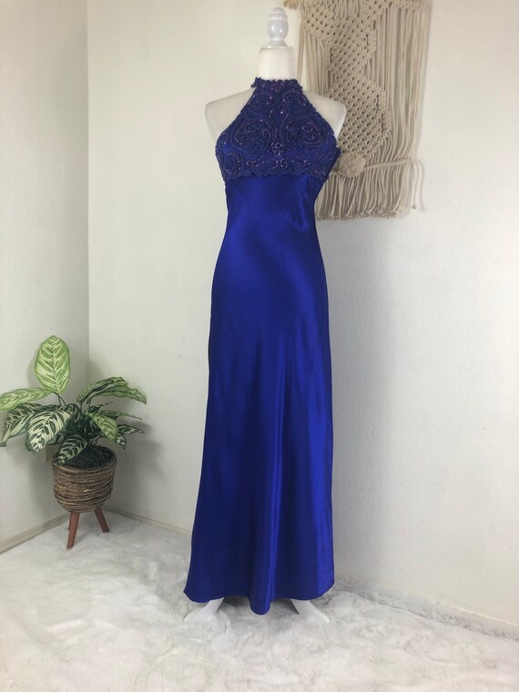 zum zum halter dress Vintage 80s 90s Indigo Satin Bias Cut Maxi Gown Size 4 Small S Sparkle Formal Prom Pageant Sultry Sexy Blue Purple Gown September '26 Collection