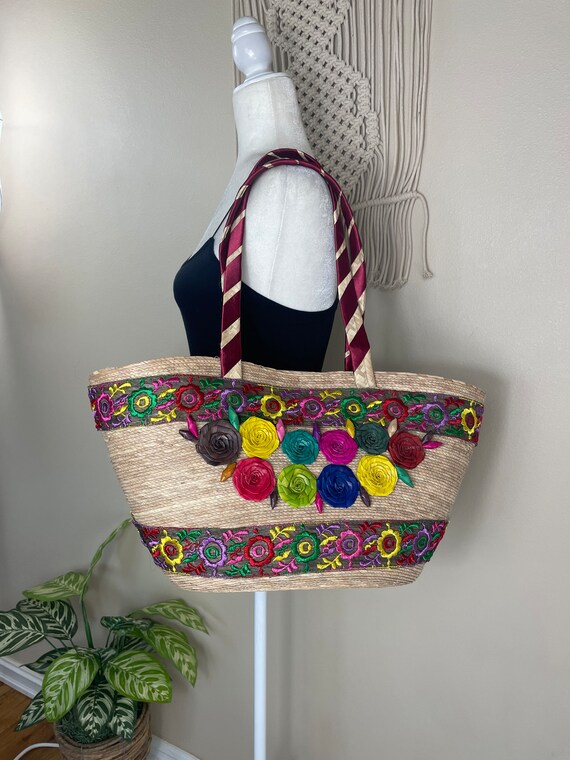vibrant vintage woven straw colorful beach bag tot