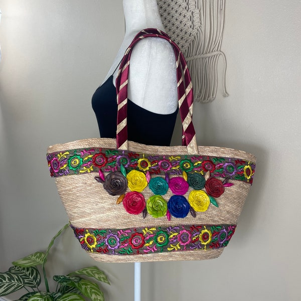 vibrant vintage woven straw colorful beach bag tote OS oversize shoulder bag summer purse festival boho ethnic mexican embroidered rosette