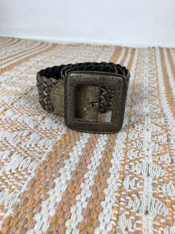 wide bronze shimmer woven leather belt OS S M L C… - image 4