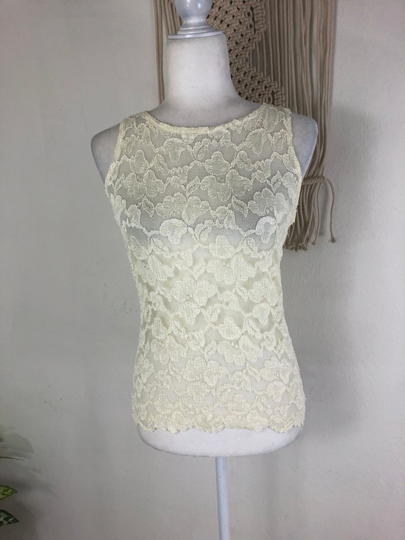 90s vintage Ann Taylor ivory sheer lace stretch s… - image 2