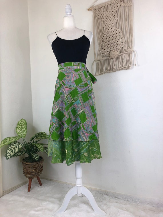 NWT green silk paisley geometric circle wrap skirt