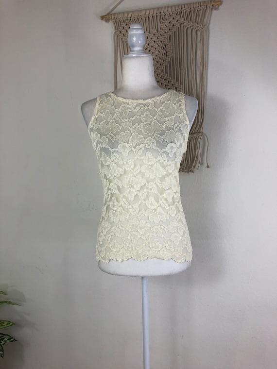 90s vintage Ann Taylor ivory sheer lace stretch s… - image 1
