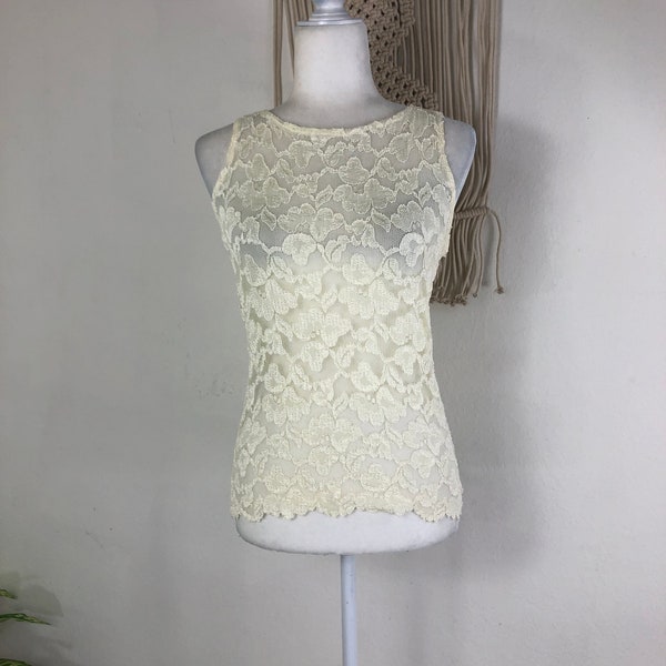 Années 90 vintage Ann Taylor ivoire dentelle pure stretch débardeur sexy taille M medium 6 8 crème mariage mariage haut de gamme luxe ajusté bodycon boho shirt