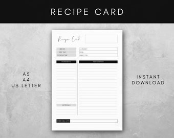 Recipe Card Printable | Recipes Printable | A4, A5, & US Letter | Elegant Design | Instant Download