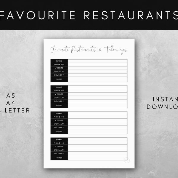 Restaurants and Takeaways Printable | Restaurant Favourites | A4, A5, & US Letter | Elegant Design | Instant Download