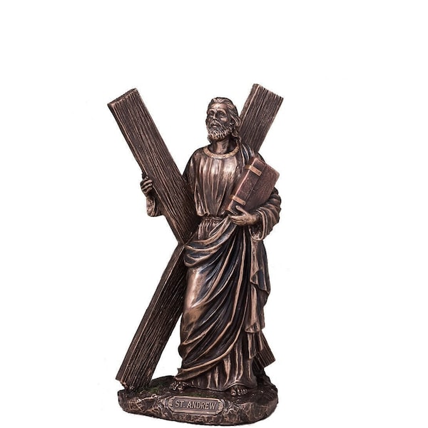 Saint Andrew The Apostles with his Cross Bronze Color Figurine.Saint Andrew Scross