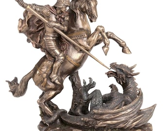 Statuetta di San Giorgio che uccide il drago - Resina fusa a freddo bronzata