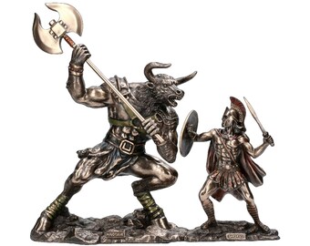 Theseus vs Minotaur Statue: Cold Cast Bronze Greek Mythology Sculpture