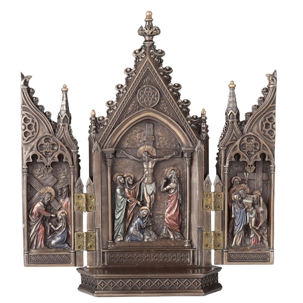 Calvary Triptych Statue: Bronzed Winged Altar (20.5cm)