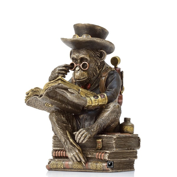 Steampunk Schimpanse Professor Statue.Steampunk Schimpanse Figur.Schimpanse Lesebuch.Der Gelehrte Schimpanse