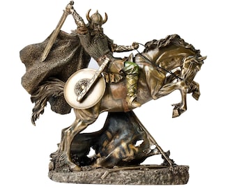 Bronzed Viking Warrior on Horse Statue