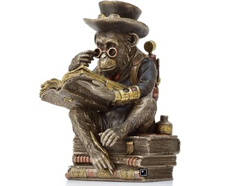 Steampunk Chimpanzee Professor Statue.Steampunk Chimpanzee Figurine.Chimpanzee Reading Book.The Scholar Chimpanzee