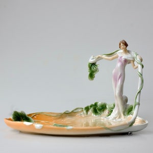 5.51" Inches Art Nouveau Porcelain Bowl with standing Woman Vine Tray