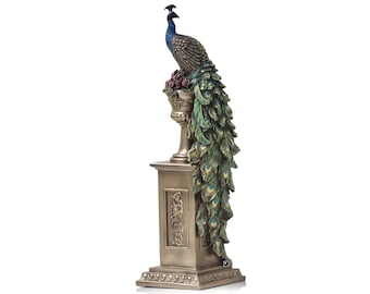 13 Inches Art Nouveau Peacock Statue. Peacock  Perching on Column and Vase Sculpture. Peacock ornament.