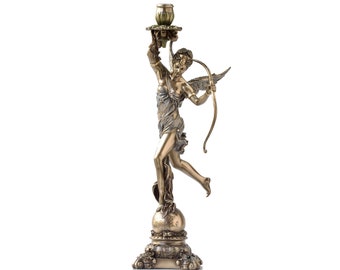 18.11 Inches Large Art Nouveau Diana Candle Holder. Angel on Globe Candle Holder