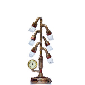 17.71 Inches Steampunk Pipework Clock Stand With Skull Bulb (Led)