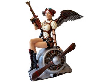 Steampunk Figurine Statue. Cherry Haired Armed  Aviator Angel On Aircraft Statue