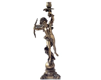 Art Nouveau Cupid Candle Holder: Large Cold Cast Bronze Angel Decor
