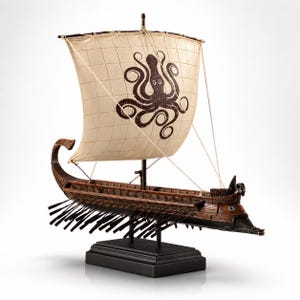 May include: A wooden model ship featuring a dark brown hull with multiple oars extending from the sides. The ship has a single off-white square sail decorated with a large brown octopus graphic. It is mounted on a black rectangular base stand.