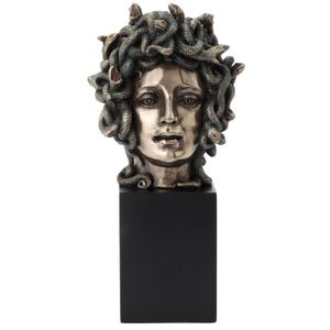 May include: A bronze-toned Medusa head sculpture with snakes for hair, mounted on a black rectangular base. The sculpture has a detailed face with a sorrowful expression. The snakes have red accents.