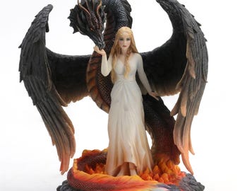 Mother of Dragons Angel Statue: Fantasy Guardian with Dragon Sculpture (Polystone)