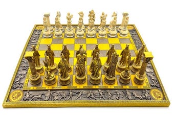神話のチェスセット：古代ギリシャの彫刻デザイン、大型チェス盤
