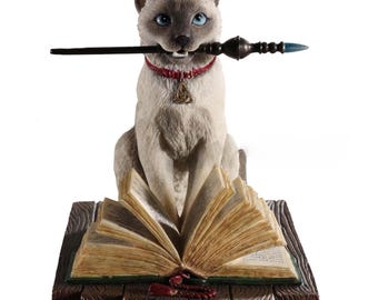 Witchy Cat Statue with Wand and Spellbook- Altar Cat decor