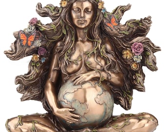 Cold Cast Bronze Mother Earth Statue: Gaia Figurine with Flowers