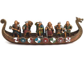 Viking Longship & Warband of Six, Norse Dwarf Warriors, Drakkar Ship Display, Viking Tabletop Decor, Scandinavian Gift