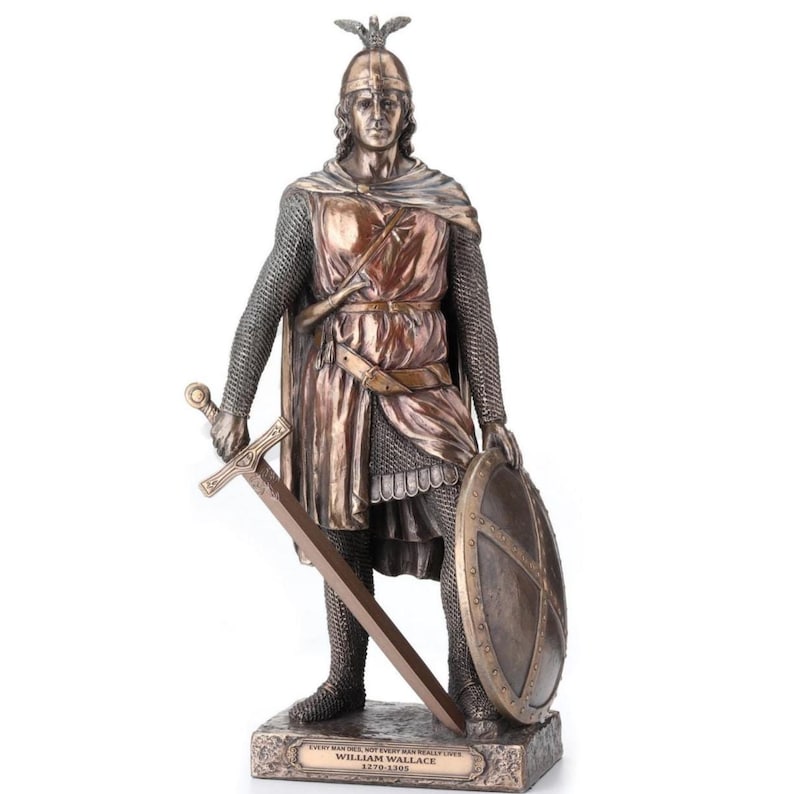 May include: A bronze statue of William Wallace, a historical figure, in full armor. The statue holds a sword and shield, with a helmet and cape. The base of the statue has text that reads "William Wallace 1270-1305".