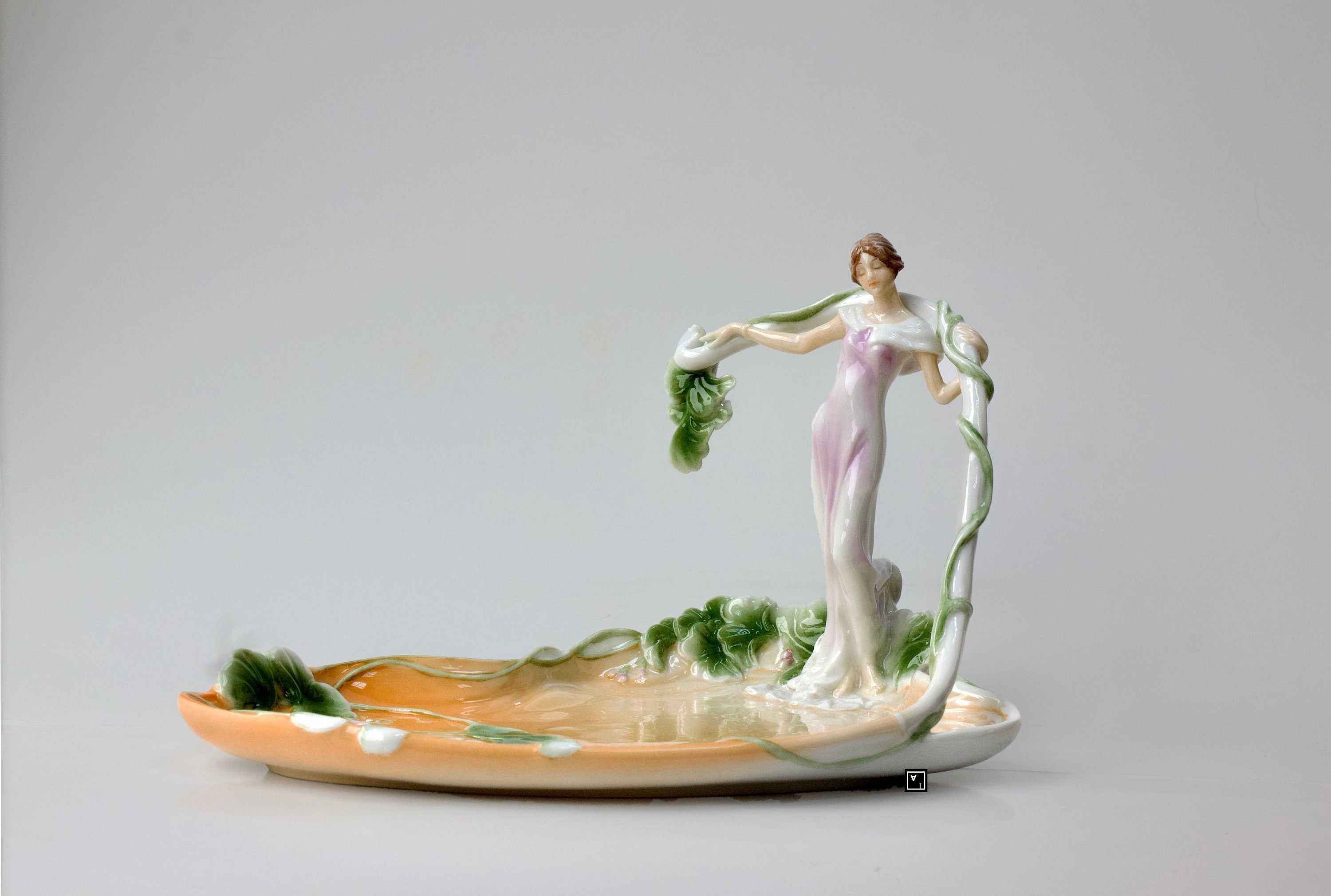 5.51" Inches Art Nouveau Porcelain Bowl with standing Woman Vine Tray
