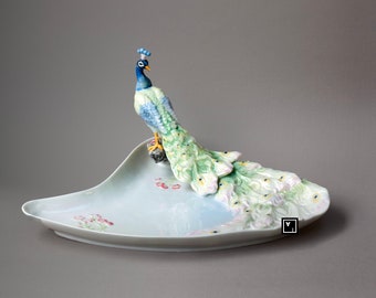 Art Nouveau Porcelain Peacock Tray: Handmade Freesia Decor