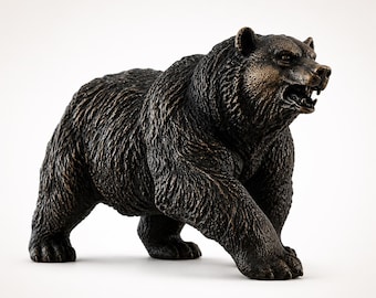 May include: A bronze-colored bear statue in a dynamic pose, with its mouth open, revealing teeth. The bear has detailed fur texture and is captured against a white background. This decorative item is suitable for home decor.