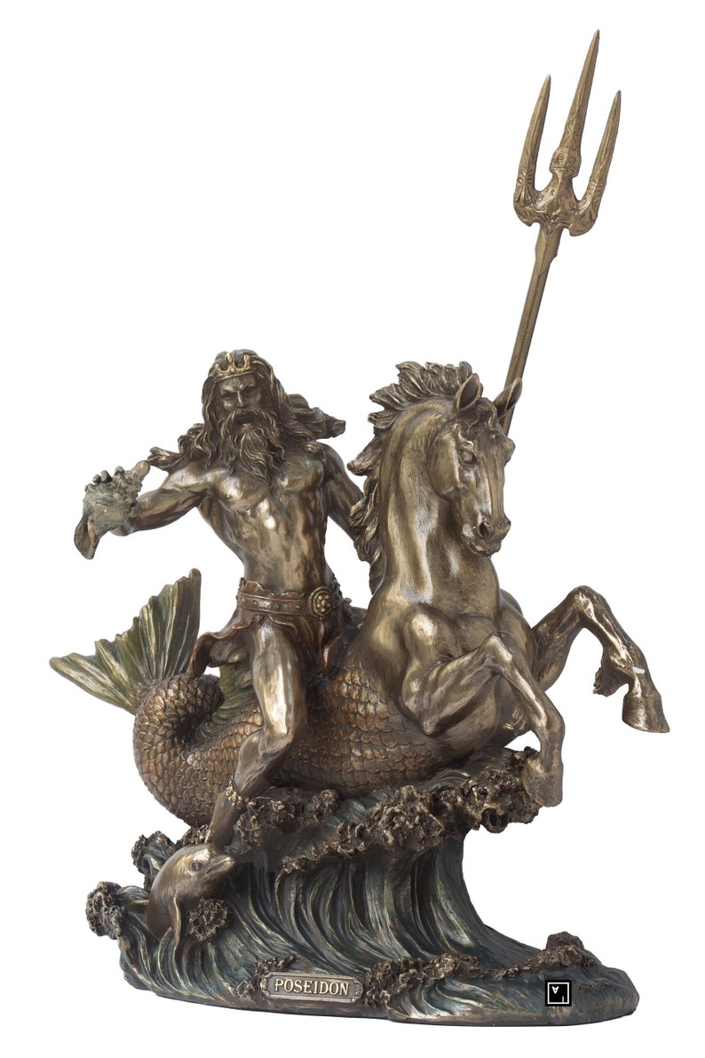 Posiden Shell Poseidon With Trident Riding a Hippocampus Statue - Etsy