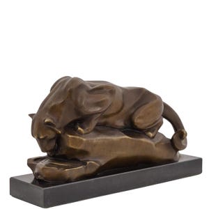 Bronze Panther Sculpture – Art Deco Style Big Cat Figurine – Bronze Animal Statue on Marble Base