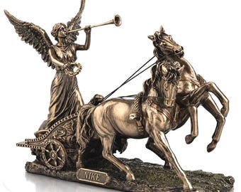 Winged Goddess Nike Chariot Sculpture, Cold Cast Bronze Classical Horse Statue