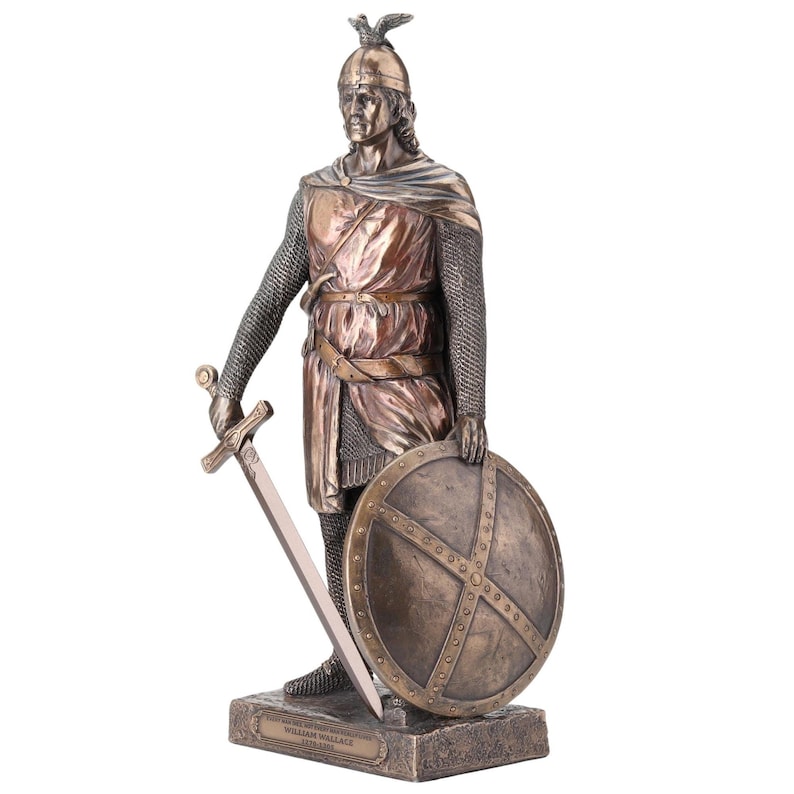 May include: A bronze statue of William Wallace, a historical figure, holding a sword and shield. The statue features chainmail, a helmet, and a cape. The base of the statue has an inscription with the name and dates of William Wallace.