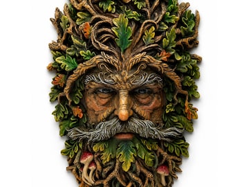 May include: A wall plaque featuring a sculpted face of an elderly person integrated into a forest motif. The design includes intricate brown tree branches, vibrant green oak leaves, and small light-colored mushrooms surrounding the facial features.