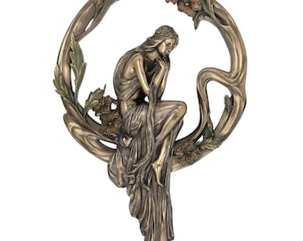 Art Nouveau Bronze Lady Mirror with Floral Frame – Wall Decor Mirror