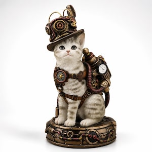 May include: A grey and white tabby cat figurine wearing a top hat adorned with gears and a harness featuring a compass, a pressure gauge, and copper-colored tubing. The cat sits on a circular base decorated with metallic pipes and mechanical details.