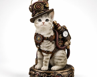 May include: A grey and white tabby cat figurine wearing a top hat adorned with gears and a harness featuring a compass, a pressure gauge, and copper-colored tubing. The cat sits on a circular base decorated with metallic pipes and mechanical details.