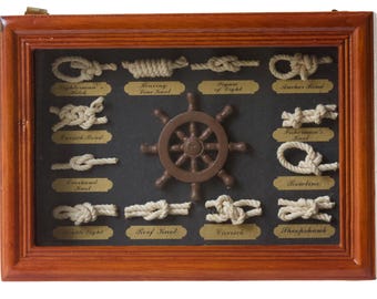 Nautical Rope Knot Display Box – 12 Sailor Knots, Ship Wheel, Wooden Frame Maritime Decor