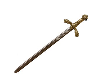 May include: A gold-colored sword with a silver blade and intricate details on the hilt. The sword is about 12 inches long.