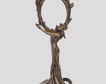 Art Nouveau Lady Mirror, Cold Cast Bronze Goddess Figure, Floral Vanity Decor